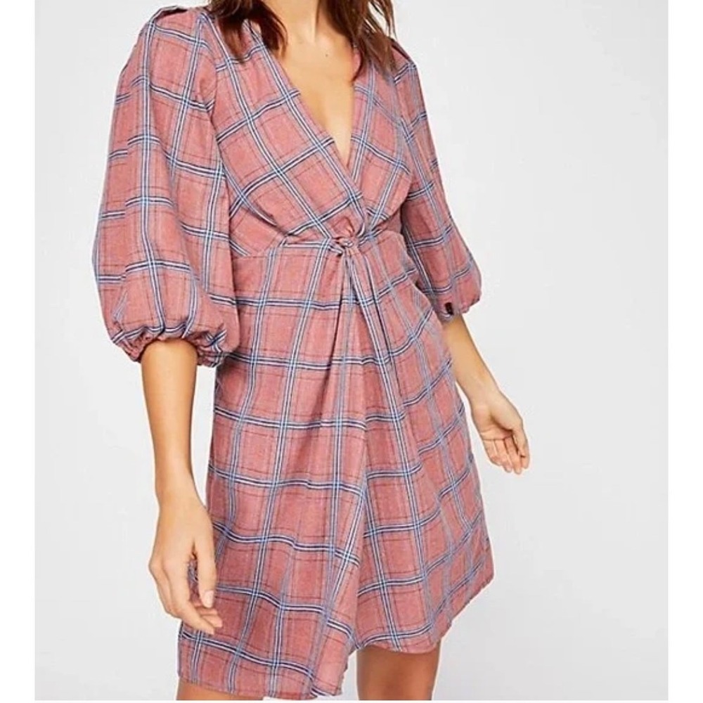 Free People Mini Dress 4 Pink Plaid Balloon Sleeve Knot Front V-Neck OB891830